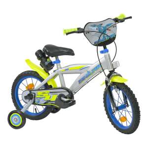 Toimsa Shark Kinderfahrrad, 14 Zoll, silber mit blauen und gelben Akzenten, Stützräder, Hai-Design - Fahrrad für Kinder