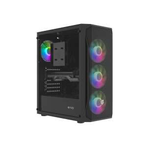 Fury Shobo SH4F RGB Computergehäuse, schwarz, mit gehärtetem Glas-Seitenteil, zeigt das Innere mit RGB-Lüftern und Komponenten - Natec