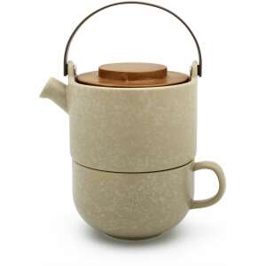 Bredemeijer Umea 0.5L Teáskanna készlet - Bézs (2 darabos), kerámia teáskanna fa fedéllel és illő teáscsészével - Bredemeijer