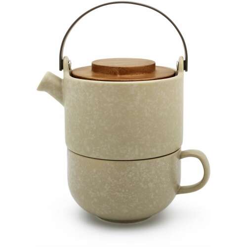 Bredemeijer Umea 0.5L Teáskanna készlet - Bézs (2 darabos), kerámia teáskanna fa fedéllel és illő teáscsészével