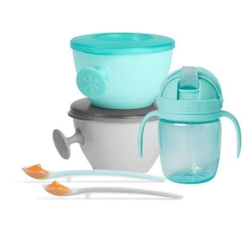 Skip Hop Easy-Feed 5-piece feeding set in green and grey, includes two bowls with lids, two spoons, and a sippy cup