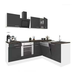 Yorki 220 Eckküchenblock, weißer Korpus, anthrazitfarbene Front, mit Backofenelement, 3D-Rendering - Leziter