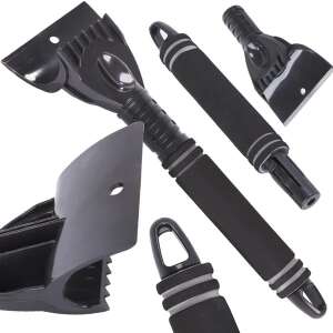 Collage of a black ice scraper with a foam handle, showing different angles and features - Ice Scraper, Squeegee