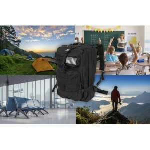 Collage of the black tactical backpack in different settings, showing its versatility for hiking, camping, school, and travel. - Trizand