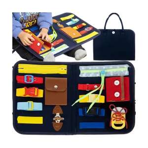 Blue felt bag with 14 different activities for toddlers, including zippers, buckles, buttons, and laces - Kruzzel