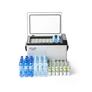 Adler 40L przenośna lodówka z kompresorem, pokazująca pojemność z napojami i puszkami - Nośnik żywności i napojów