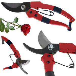 Red garden shears for pruning bushes and plants, with a rose in the background - Landscaping