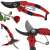 Red garden shears for pruning bushes and plants, with a rose in the background