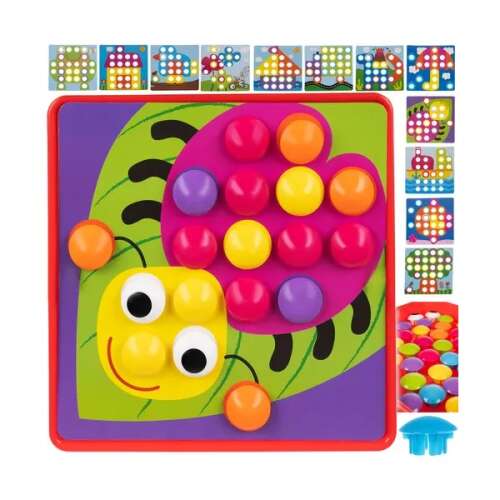 Gyermek Puzzle - Gomb Mozaik, colorful ladybug puzzle for kids, with 45 colorful buttons, 12 picture cards, and a matrix