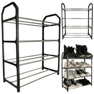 Black 4-tier shoe rack with metal shelves, showing multiple angles and shoes - Furniture