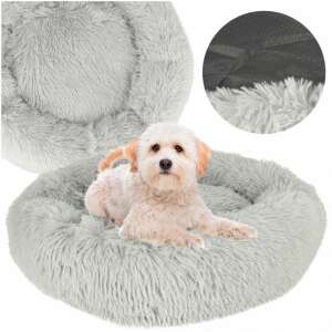 Puha Állati Ágy grey plush pet bed with non-slip bottom and a dog - Pet Care
