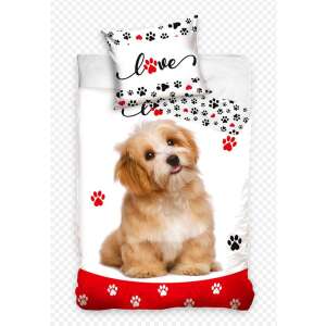 Kutyás Love ágyneműhuzat garnitúra egy aranyos kutyával fehér alapon piros és fekete mancsnyomokkal - Ágynemű - ifjúsági és felnőtt