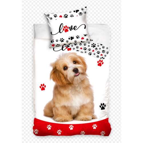 Kutyás Love ágyneműhuzat garnitúra egy aranyos kutyával fehér alapon piros és fekete mancsnyomokkal