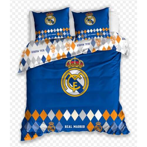Real Madrid dupla ágyneműhuzat garnitúra, kék színben, fehér és narancssárga rombusz mintával, a Real Madrid logóval