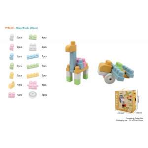 Mijoy Bio Building Blocks Set with Pastel Colors - 43 Pieces, a collage showing the blocks, the packaging, and examples of what can be built with the blocks - Plastic Building Toy