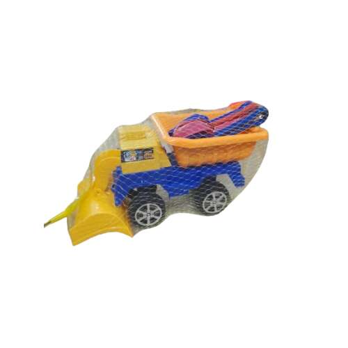 Yellow plastic toy dump truck with a shovel, for kids to play in the sandbox