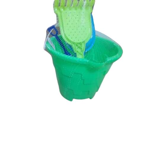 Green plastic sandbox set with bucket, shovel, rake and mold
