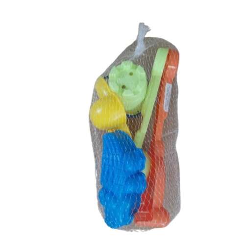 Mesh bag of colorful plastic sand toys, including a shovel, rake, molds, and a bucket, ideal for kids playing in the sandbox or at the beach