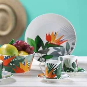Ambition Paradise Dzsungel teáscsésze és csészealj szett, 220 ml, fehér porcelán trópusi levél és madár mintával - Teáscsésze