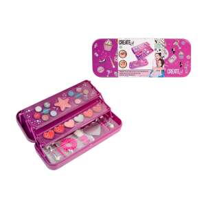 Zestaw kosmetyków Create it! w 3-poziomowym metalowym pudełku, różowy, z cieniami do powiek, szminkami, pędzlami i akcesoriami - Create It!