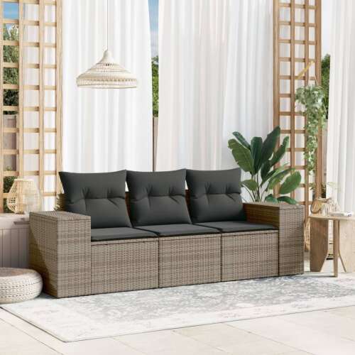 vidaXL 3 részes szürke polyrattan kerti ülőgarnitúra párnákkal 93962033 - Kerti garnitúra