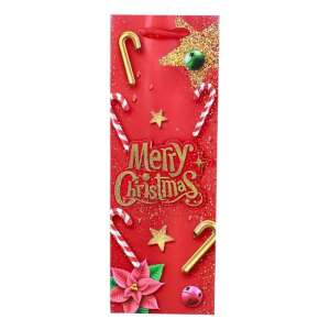 Piros karácsonyi ajándékzsák "Merry Christmas" felirattal, cukorkaszíjakkal, csillagokkal és karácsonyi csillaggal díszítve - Művészet & Hobbi