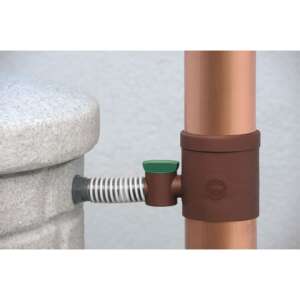 Brown gutter filter with tap, for rainwater collection systems, connects to a rain barrel - Gutter Net