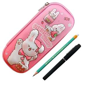 Pink ZEQAS pencil case with 3D bunny design, includes pen and pencil, great for school or office - Pencil Case