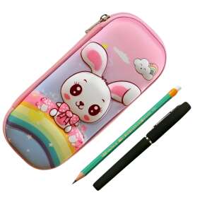 ZEQAS pencil case with 3D rainbow and bunny design, pink, EVA material, zipper closure, includes pen and pencil - Pencil Case