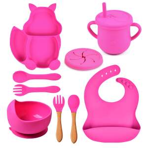Zeqas Baba 9-piece silicone feeding set for babies 6 months and up, pink squirrel design, includes plate, bowl, spoons, fork, cup, bib, and lid - Children's dinnerware set