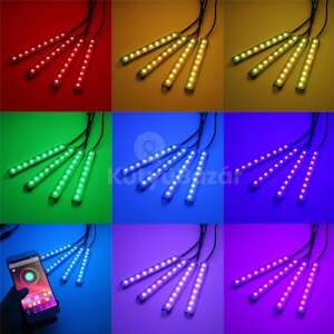 Collage of 48 LED RGB car interior lights, showing different colors and a phone app control - Light & Indicator