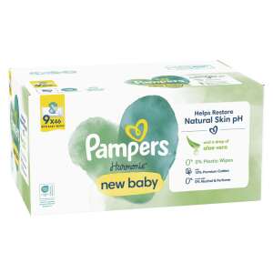 Влажни кърпички Pampers Harmonie New Baby, 9 опаковки по 46 кърпички, помагат за възстановяване на естественото pH на кожата, 0% пластмаса, 0% алкохол и парфюм