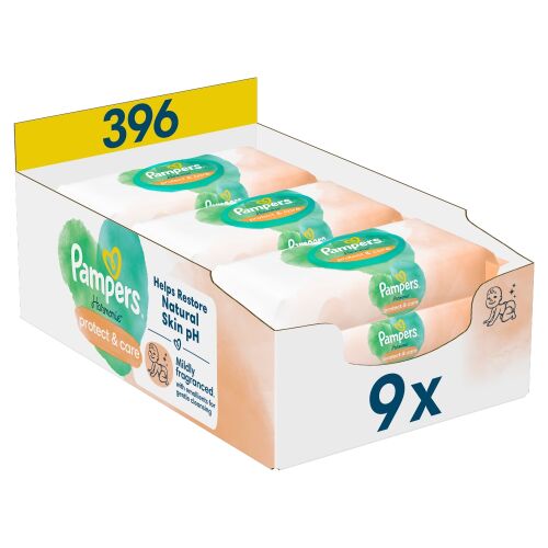 Pampers Harmonie Protect & Care Feuchttücher 396 Stück Displaybox, 9 Packungen sanfte Babytücher