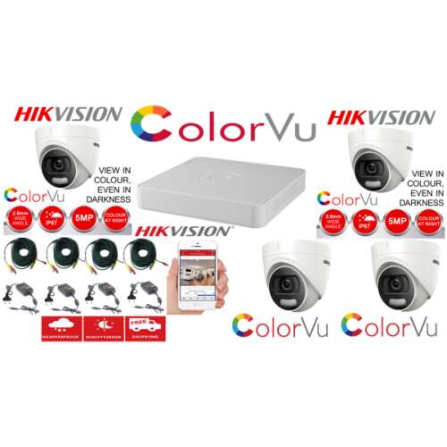 Hikvision ColorVu CCTV biztonsági rendszer 4 kamerával, 4 csatornás DVR-rel és tartozékokkal