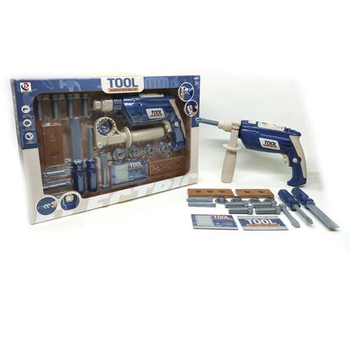 Játék szerszámkészlet fúróval, csavarhúzóval és egyéb szerszámokkal dobozban