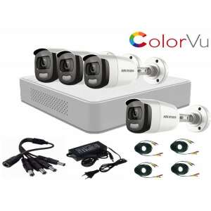 Hikvision 4-camera security system with ColorVu technology, 2MP Full HD resolution, DVR, cables, and power supply - Interior design
