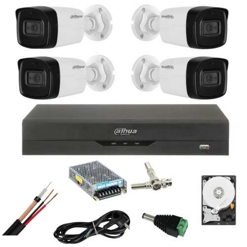 Dahua 4-channel 5MP security camera system with 4 bullet cameras, 80m IR, 1TB HDD, and accessories