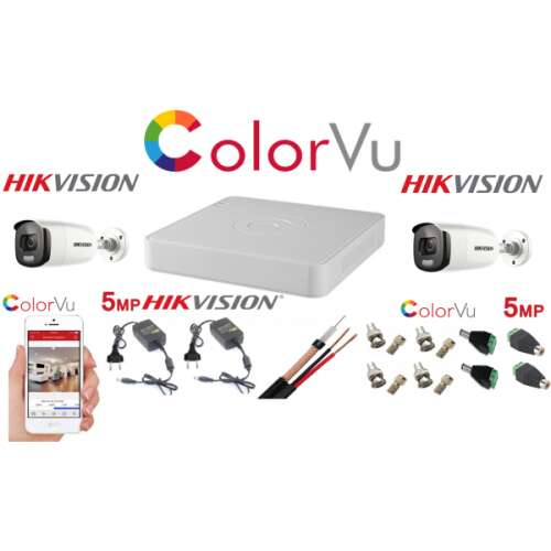Hikvision ColorVu CCTV biztonsági rendszer 2 kamerával, 4 csatornás DVR-rel és minden tartozékkal