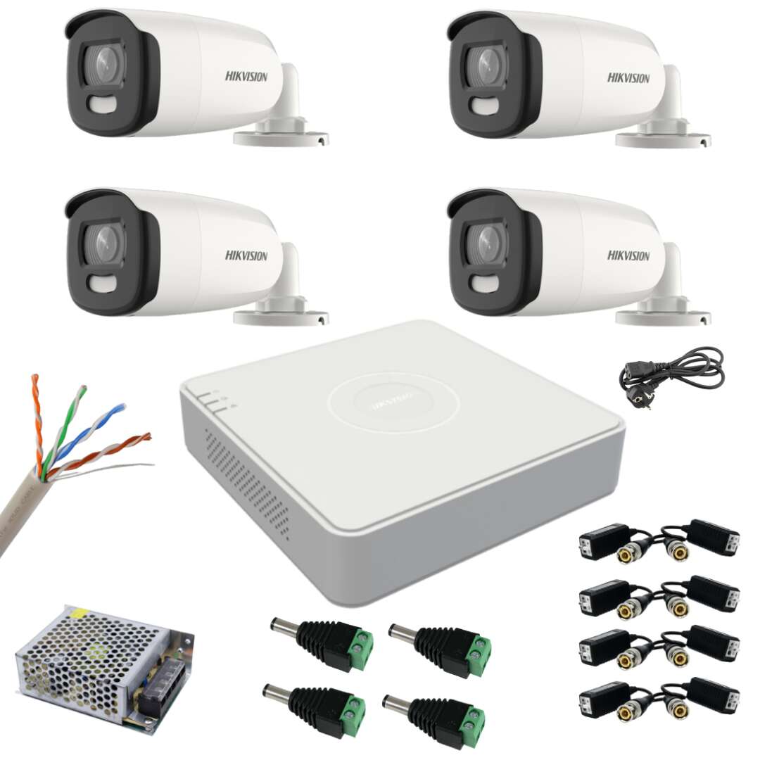 Sistem de supraveghere Hikvision 4 camere 5MP ColorVu, Vedere nocturnă color 40m, DVR 4 canale 5MP, cu accesorii