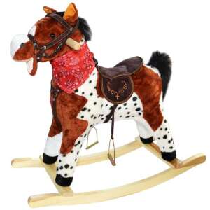 Brown and white rocking horse with a red bandana, saddle, and stirrups - Rocking horse & animal