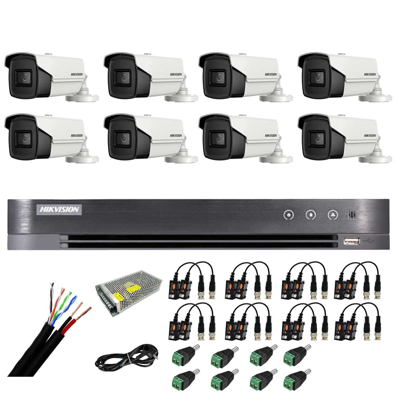 Sistem de supraveghere video cu 8 camere: Hikvision 8MP 4-în-1, 2,8 mm, IR 60m, DVR 8 canale 4K 8MP, accesorii