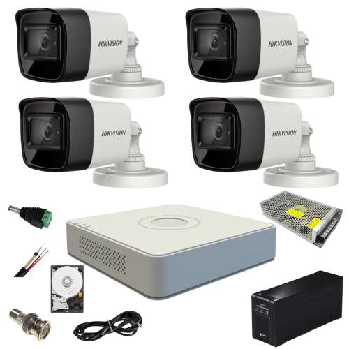 Hikvision 4-camera security system with 5MP Turbo HD IR cameras, DVR, UPS, and accessories