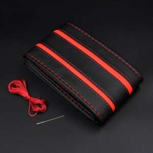 Fekete bőr kormánykerék huzat piros varrással és két piros csíkkal, autókhoz, 37-39 cm átmérő, tűvel és cérnával (varrott, EREDETI megjelenés) - Autós kormányhuzat