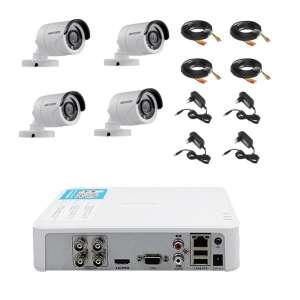Hikvision 4-camera security system with DVR, cables, and power adapters - Hikvision