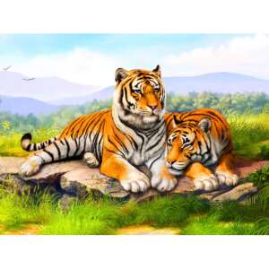 Two tigers, one sitting and one lying down, in a jungle setting - Diamond painting kit