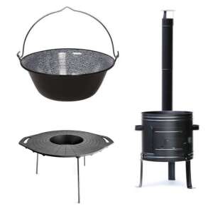 Kültéri főzőkészlet zománcozott üsttel, öntöttvas grilltárcsával és állvánnyal - Bor & Pálinka főzés