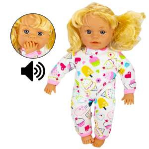 Give a Kiss Doll, blonde girl doll wearing a white and pink pajamas with ice cream and cupcake print, holding her hand to her mouth - Nonbrand Baba