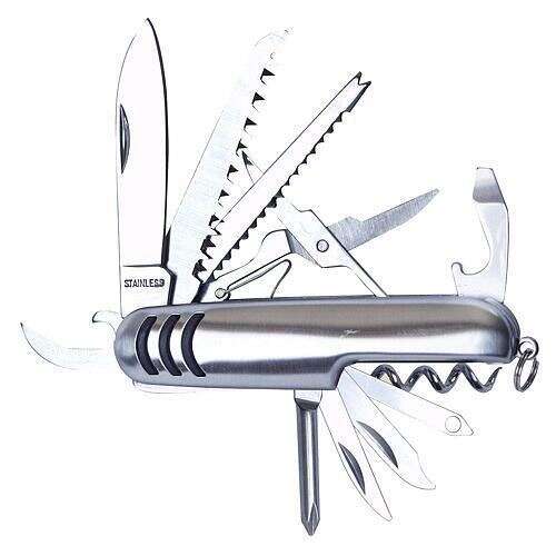 Strend Pro multi-tool pocket knife with 15 functions, including a knife blade, saw, bottle opener, screwdriver, and more