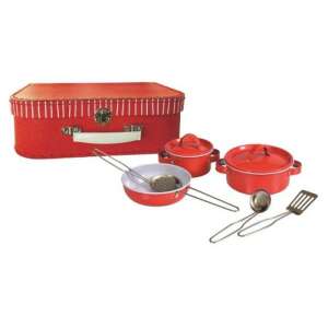 Egmont Toys red metal play kitchen set in suitcase, includes pots, pans, and utensils - Toy kitchen tool