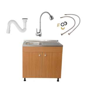 Raul Construct kitchen sink set with oak cabinet, stainless steel sink, chrome faucet, drain hose and flexible hoses - Kitchen Furniture